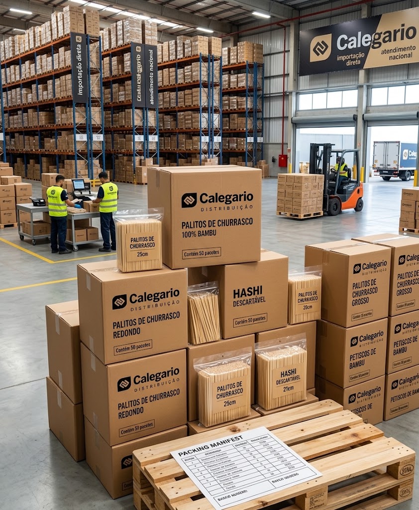 Caixas e pacotes de palitos e espetos de bambu com a marca Calegário Distribuição