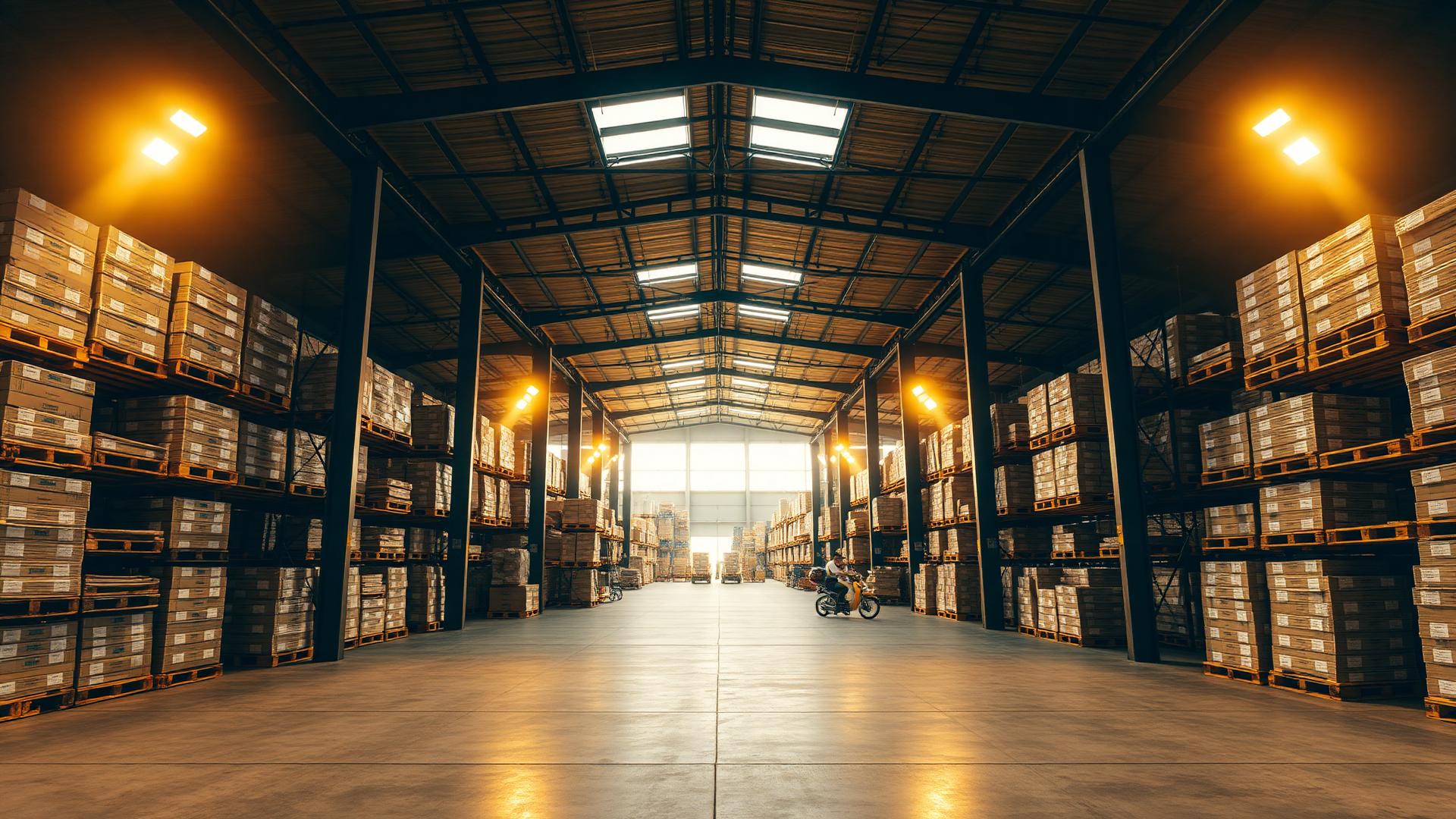 Interior de galpão de distribuição com pallets e caixas organizadas